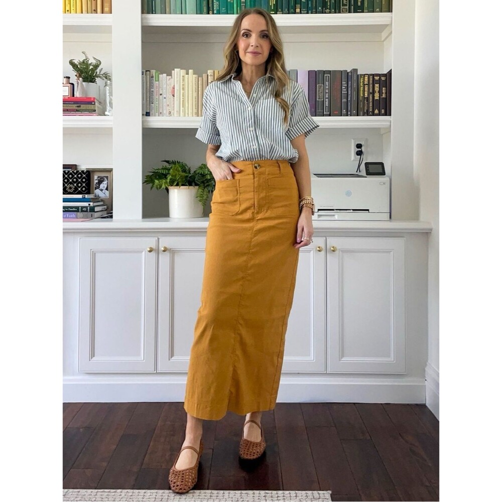 Anthropologie Maeve Colette Stretch Linen Blend Utility Midi Skirt, Size MP